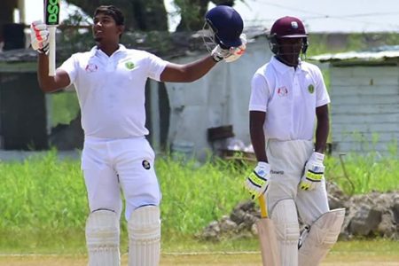 Bhaskar ‘Sachin’ Yadram celebrates scoring the first triple century at U19 level in Guyana.