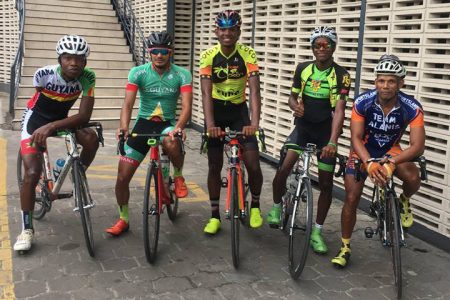 This strong five-man unit of local wheelsmen will represent Guyana at this weekend’s multi-stage road race in French Guiana. From left are Walter Grant-Stuart, Paul DeNobrega, Jamal John, Curtis Dey and Paul Choo-wee-nam.