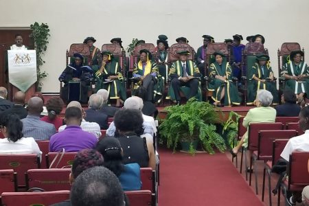 Dr Vonna-Lou Drayton reflects on the life of her husband during the Univer-sity of Guyana’s solemn ceremony to honour his life and work.