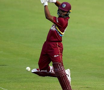  Left-handed opener Evin Lewis goes on the attack during his top score of 58 on Thursday. (Photo courtesy ICC) 