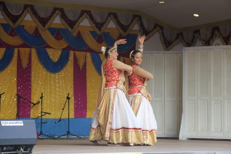 Dancers from the Nadira and Indranie Shah dance troupe entertaining the audience at Pushpanjali 18 which was held yesterday at the Indian Monument Gardens as part of Indian arrival celebrations.  (Photo by Terrence Thompson)