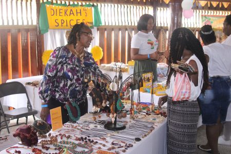 A line of locally-crafted jewellery on sale at the Food for the Poor’s ‘Mother’s Mega Market Day’ at the Umana Yana in Kingston yesterday. The event was hosted as a fundraiser and gave patrons the opportunity to pick out a gift for Mother’s Day. (Terrence Thompson photo)