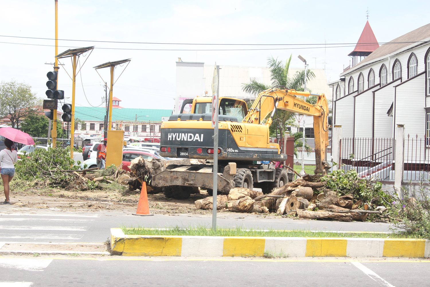 A tree falls: Clearing the debris from a tree which fell at the corner of Avenue of the Republic and Brickdam.