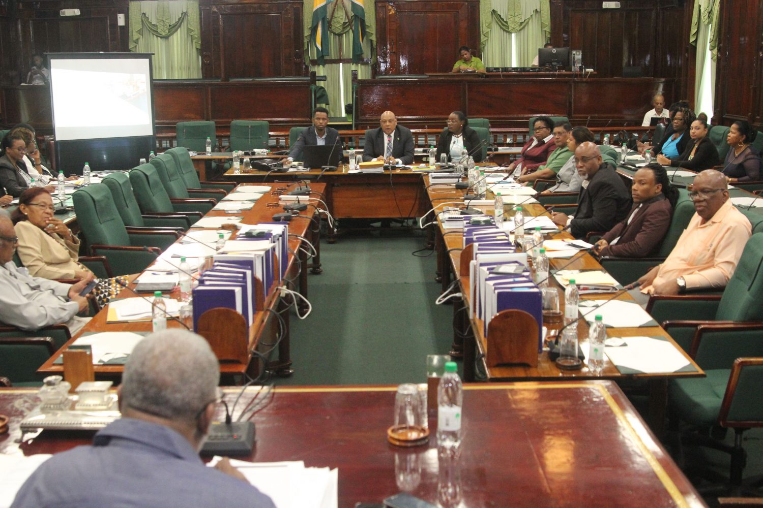 At the head of the table are Ministers of Natural Resources Raphael Trotman (at centre) and Simona Broomes (at right) with committee members at the front on both sides. (Terrence Thompson photo)