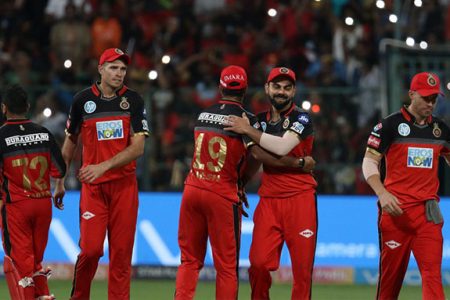 Royal Challengers Bangalore celebrate after defeating the Sunrisers Hyderabad in their 422 run feast (Photo courtesy of IPL website)