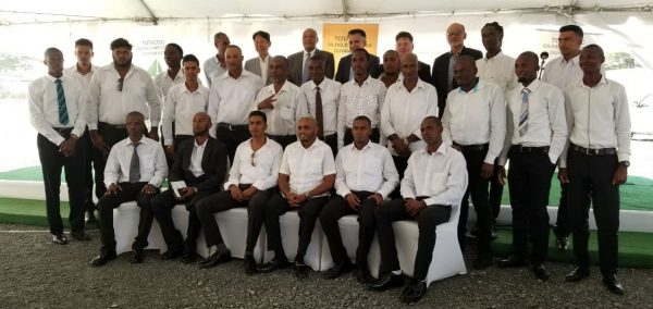 The first batch of graduates, along with officials of TOTALTEC Oilfield Services and the Minister of Natural Resources Raphael Trotman.
