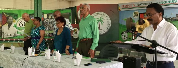 Party Chairman Basil Williams addressing the gathering. President David Granger is second from right. (PNCR photo)