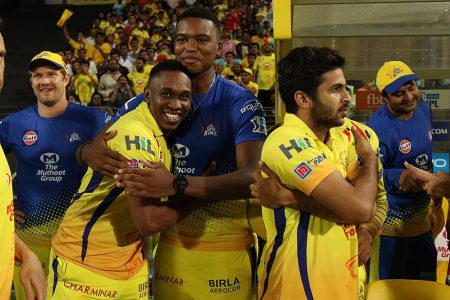 Dwayne Bravo and the Chennai Super Kings celebrate their win over the Kings XI Punjab yesterday in the VIVO IPL tournament. (Photo courtesy of IPL website)
