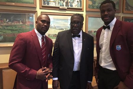 West Indies captain Carlos Brathwaite, left and former West Indies captain Clive Lloyd (CBE) at a special dinner as part of the charity event.