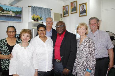 Hands across the Nations (HATN) a Canadian non-governmental organization with over twenty years of working in a number of sectors around the world including education, recently paid a courtesy call on Chief Education Officer (CEO) Marcel Hutson (third from right).
During the interface, a release from the Ministry of Education said that the officials discussed opportunities that they can address in Guyana for the advancement of the education sector.
According to HATN, Literacy, Special Education Needs (SEN), Teacher training, Music in schools and sports are some of the areas that HATN will be providing support.