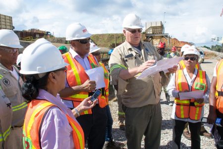 Minister of Natural Resources, Raphael Trotman (third from right) and Minister within the Ministry of Finance, Jaipaul Sharma (right) being given an overview of the Aurora Gold Mine by General Manager, Victor Rozon (second from right) (Department of Public Information photo)
