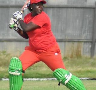 Player-of-the-Match Erva Giddings slashes a wide ball during her innings of 45. She later returned with the ball to take five wickets for five runs.