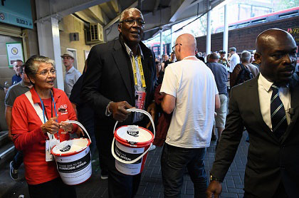 Fast bowler legend Joel Garner (second from left) pictured here last September raising funds for hurricane relief at the Oval in London. 