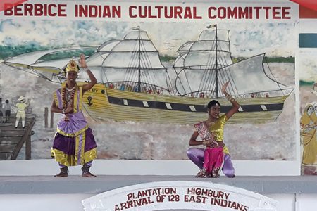 180th anniversary: Berbice Golden Om Dharmic dancers performing yesterday at the annual observances for Indian arrival at Highbury, East Berbice. Yesterday marked the 180th anniversary.