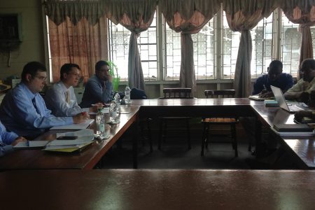The Guyana Public Service Union (right) meeting the IMF team (GPSU photo)