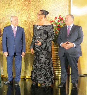 Dame Cecile La Grenade, Governor General of Grenada (centre) with Sir Shridath Ramphal (left), Chairman of the Regional Selection Panel, and Dr A Norman Sabga, Patron of the Awards and Chairman of the ANSA McAL Group and Foundation.