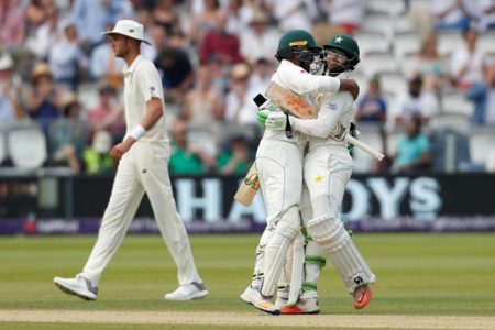 Pakistan’s Imam ul-Haq and Haris Sohail celebrate after winning the First Test (Reuters/John Sibley)