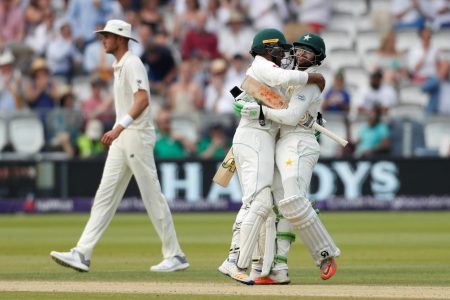 Pakistan's Imam ul-Haq and Haris Sohail celebrate after winning the First Test Action Images via Reuters/John Sibley
