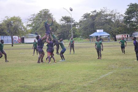 Rugby action involving the Panthers and the GDF ruggers Sunday. The Panthers rallied from a 12-15 deficit at the half to stay undefeated with a 41-22 score line.