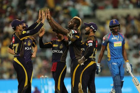 Andre Russell of the Kolkata Knight Riders celebrates the wicket of Jofra Archer of the Rajasthan Royals during yesterday’s match of the VIVO IPL tournament at the Eden Gardens Cricket Stadium, Kolkata.