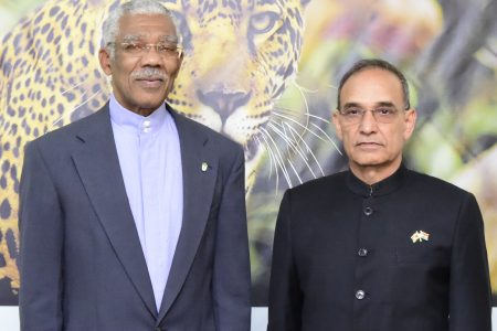 President David Granger (left) and Indian Minister of State for Human Resources Development, Dr Satyapal Singh (Ministry of the Presidency photo)