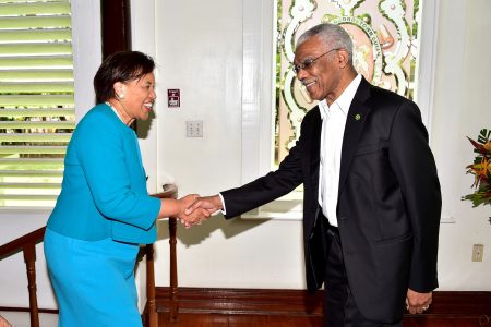 Baroness Patricia Scotland paid a courtesy call on President David Granger in May 2018. (File Photo)