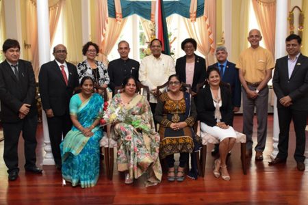 [Back row, from right to left] – A representative from the Indian Delegation; Minister of Communities, Ronald Bulkan; Minister within the Ministry of Finance; Jaipaul Sharma, Minister of Public Telecommunications, Catherine Hughes; Prime Minister Moses Nagamootoo; Minister within the Ministry of Indigenous Peoples' Affairs, Valerie Garrido-Lowe; Indian High Commissioner to Guyana, Venkatachalam Mahalingam and an official from the Indian High Commission Office.[Front row, from left to right] – The wives of the Indian High Commissioner to Guyana,  Venkatachalam Mahalingam, India's Minister of State, Satyapal Singh, Prime Minister, Moses Nagamootoo and Minister of Finance, Jaipaul Sharma. (DPI photo)