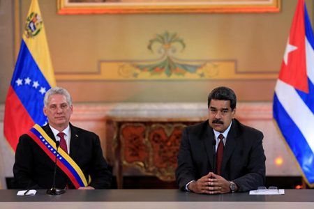 Venezuela’s President Nicolas Maduro (right) speaks next to Cuba’s President Miguel Diaz-Canel during their meeting at the Miraflores Palace in Caracas (Reuters photo)