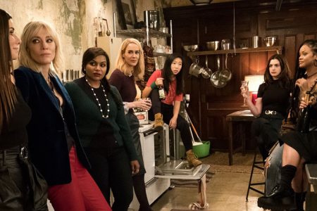 From left are Sandra Bullock, Cate Blanchett, Mindy Kaling, Sarah Paulson, Awkwafina, Anne Hathaway, Rihanna and Helena Bonham Carter in “Ocean’s Eight” (2018)
