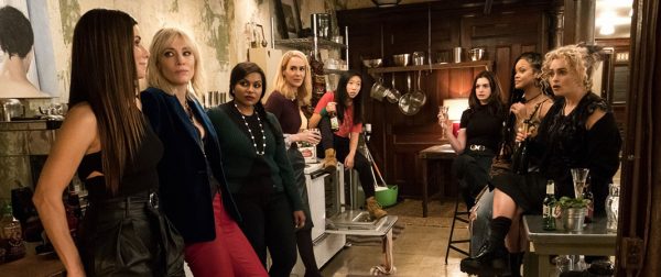 From left are Sandra Bullock, Cate Blanchett, Mindy Kaling, Sarah Paulson, Awkwafina, Anne Hathaway, Rihanna and Helena Bonham Carter in “Ocean’s Eight” (2018)
