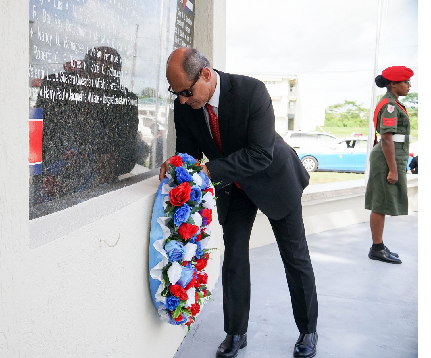  Cuba’s Vice Minister of Foreign Affairs Rogelio Sierra Diaz laying a wreath at the Monument to the Victims of Terrorism at the University of Guyana’s Turkeyen campus (Ministry of the Presidency photo)