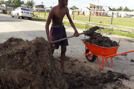 A young man fills a wheelbarrow: His family is raising the yard to prevent flooding