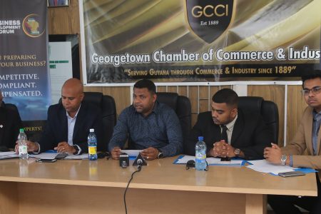 GCCI President Deodat Indar (centre) flanked by (from left) GCCI members Vishnu Doerga, Timothy Tucker, Richard Rambarran and Rosh Khan at the launch of the organisation’s upcoming Business Development Forum.