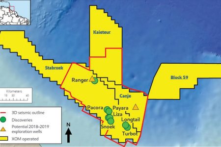 Guyana Basin: A map of the Stabroek Block with the Longtail and other discovery wells. 