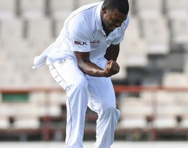 Fast bowler Shannon Gabriel celebrates another scalp during his five-wicket haul on the opening day of the second Test on Thursday. (Photo courtesy CWI Media)