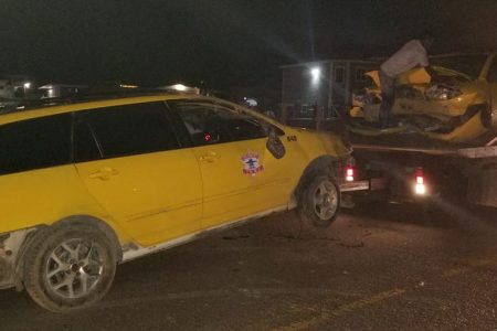  These cars from the Sheriff Taxi Service were last night being towed away following an accident at Felicity, East Coast Demerara Public Road. Stabroek News understands that at around 9.30 pm, the two cars were travelling on the northern carriageway heading east when PWW 7228 (on the truck) suffered a blowout and collided with HC 285. No one was seriously injured.
