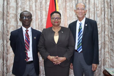 From left are Dr. William Adu-Krow, Minister of Public Health, Volda Lawrence and Sir Trevor Hassell (Ministry of Public Health photo)