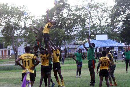 The forwards of the Yamaha Caribs and the GDF outfit battle for possession during this line out play yesterday at the National Park. The teams made up of players from both sides competed in friendly action after the Caribs failed to field a full starting line-up. (Orlando Charles photo)
