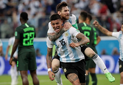 Argentina’s Marcos Rojo celebrates scoring their second goal with Lionel Messi REUTERS/Henry Romero