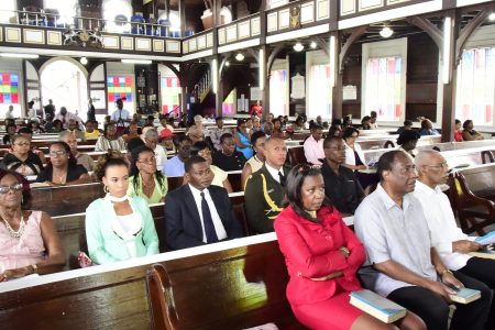  President David Granger (right in front pew) yesterday  attended the Guyana Public Service Union’s 95th Anniversary church service at the St. Andrews Kirk after which he hosted a brunch for the Union’s Executive and members at the Baridi Benab at State House.  Sitting next to the President is the Head of the GPSU, Patrick Yarde. (Ministry of the Presidency photo)