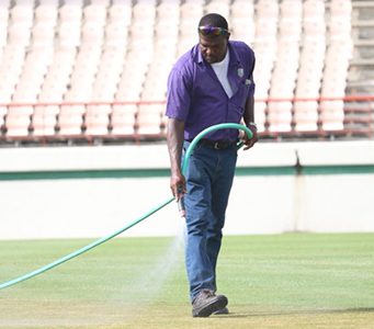 A groundsman at the Gros Islet Cricket Ground, is seen watering the pitch to ensure that it holds up for the full five days of the second test. (Photo courtesy Cricket West Indies)