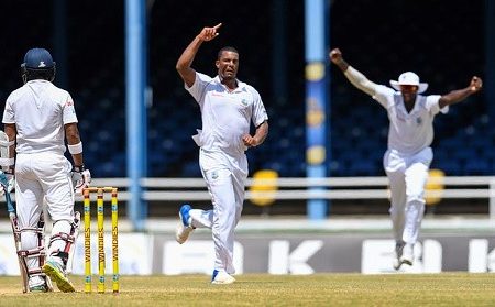Fast bowler Shannon Gabriel celebrates removing century-maker Kusal Mendis as West Indies march to victory in the opening Test. (Photo courtesy CWI Media)