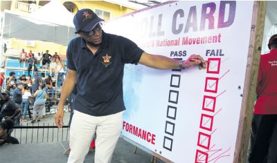 Head of the Joint Trade Union Movement Ancel Roget, gives the Government a failing grade during annual Labour Day celebrations in Fyzabad, yesterday.