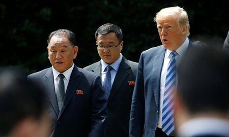 North Korean envoy Kim Yong Chol talks with U.S. President Donald Trump as they walk out of the Oval Office after a meeting at the White House in Washington, U.S., June 1, 2018. REUTERS/Leah Millis
