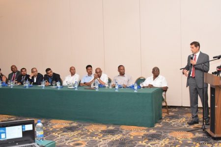 Warner speaking to members of the Georgetown Chamber of Commerce and Industry (GCCI) on Wednesday at the Pegasus Hotel.