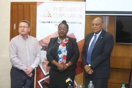 President and CEO of FBX Alan Roughead (left), Minister of Natural Resources, Raphael Trotman (right) and Junior Minister Simona Broomes. (Department of Public Information photo)