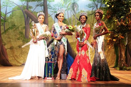 Miss Earth Guyana: Xamiera Kippins (second from left) is the newly crowned Miss Earth Guyana after stiff competition at the National Cultural Centre on Saturday evening. Xamiera is flanked by runners- up, Miss Earth Guyana (MEG) Air Luann Pellew (left), MEG Water Akiesha Payne (second from right) and MEG Fire Anita Baker (right).