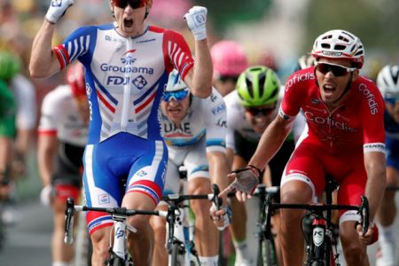 Groupama-FDJ rider Arnaud Demare of France wins the 171-km Stage 18 from Trie-sur-Baise to Pau ahead of Cofidis rider Christophe Laporte of France. (REUTERS/Benoit Tessier)
