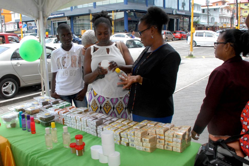 Local soaps on sale outside the Robb and Camp Streets Republic Bank on Wednesday