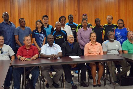 Officials at yesterday’s press briefing at the Guyana Olympic Association Headquarters in Liliendaal. It was disclosed that the Golden Arrowhead will be represented in 10 disciplines by 79 athletes at the 23rd edition of the Central American and Caribbean (CAC) Games scheduled for July 19-August 3 in Barranquilla, Colombia. (Orlando Charles photo)